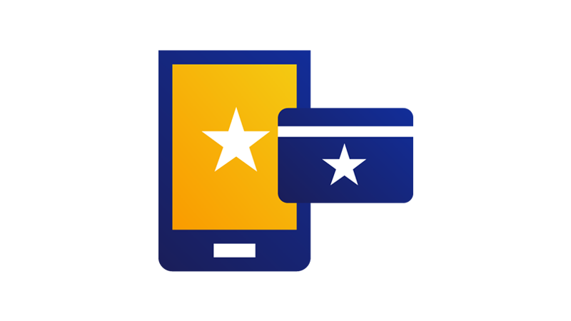 A mobile device with a star on its screen next to a credit card with a star on it.